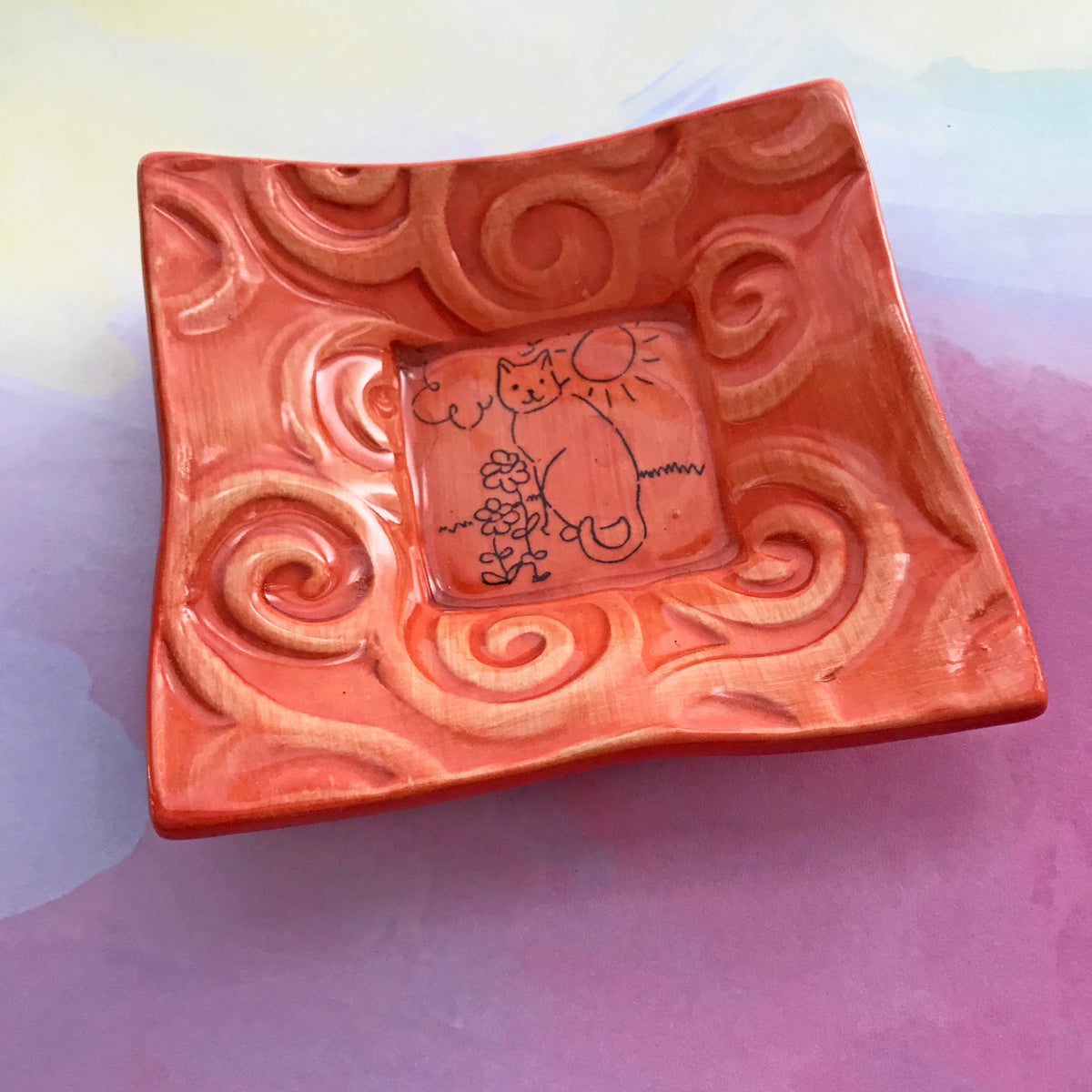 Dipping Dish - &quot;Cat in the Sun&quot; - Coral Glaze