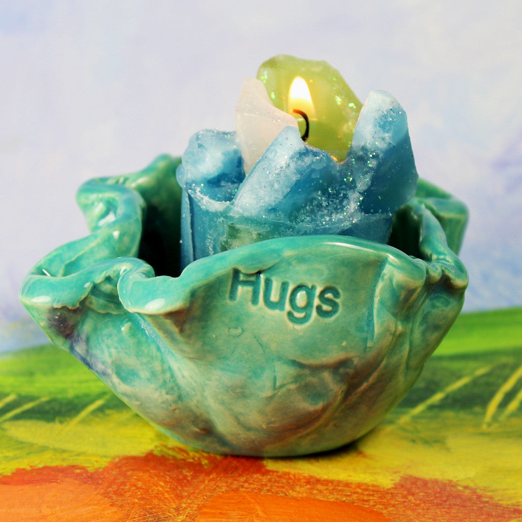 Friendship Candle &quot;Hugs&quot; in Turquoise Blue Glaze