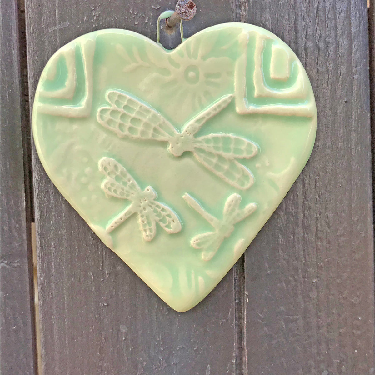 Handmade Ornament with 3 Dragonflies, glazed in a traditional celadon green.