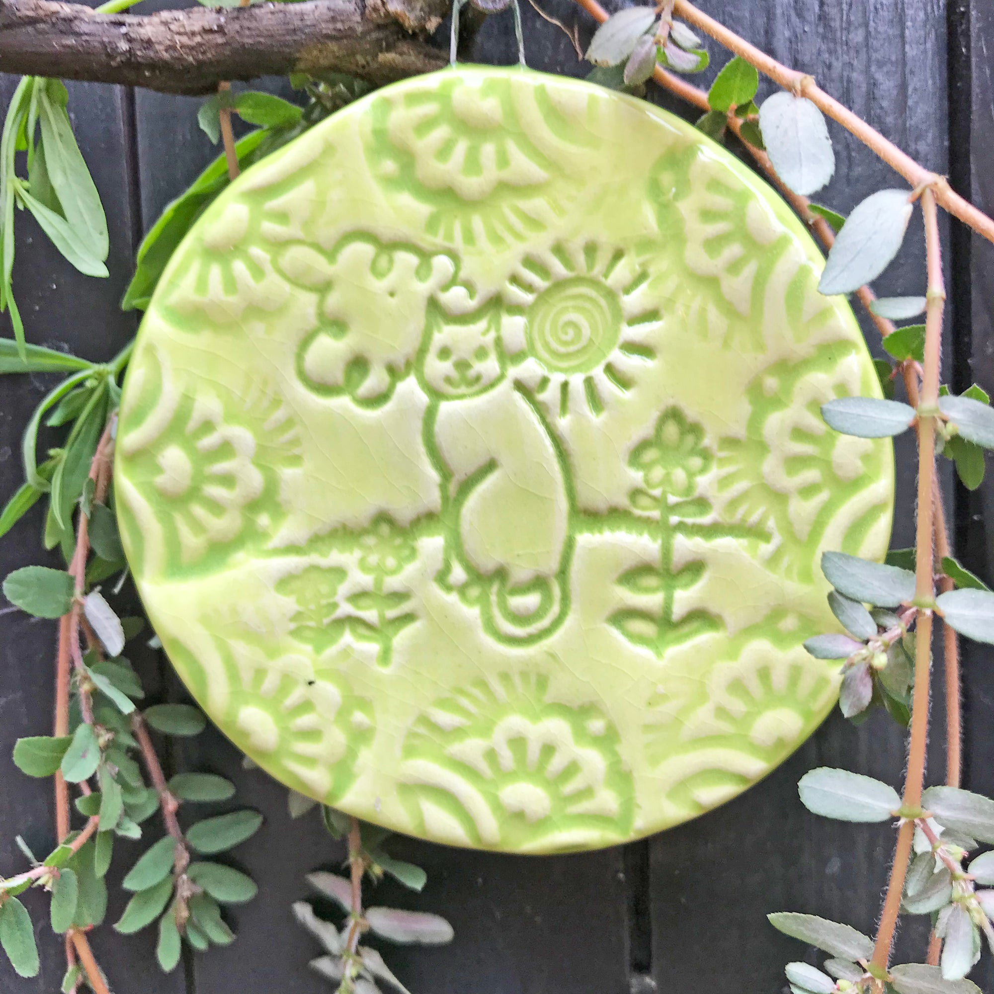 Cat lovers gift, our Cat in the Sun ornament is handmade, and glazed in a pretty lime green. 