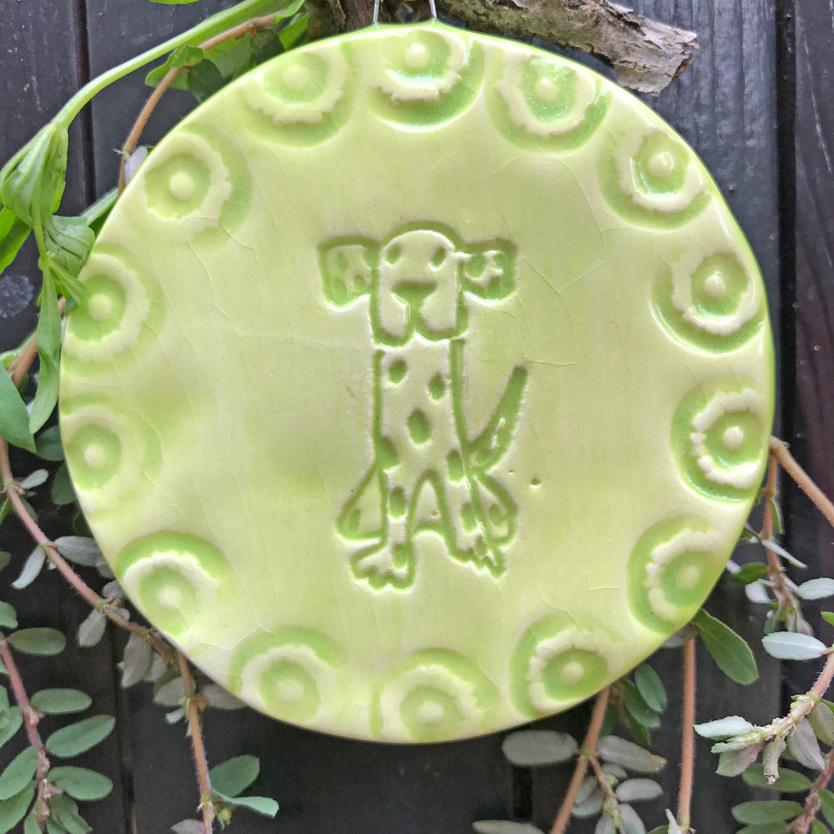 Dog Ornament makes a perfect gift for dog lovers.  Ours is handmade and glazed with a pretty lime color. 