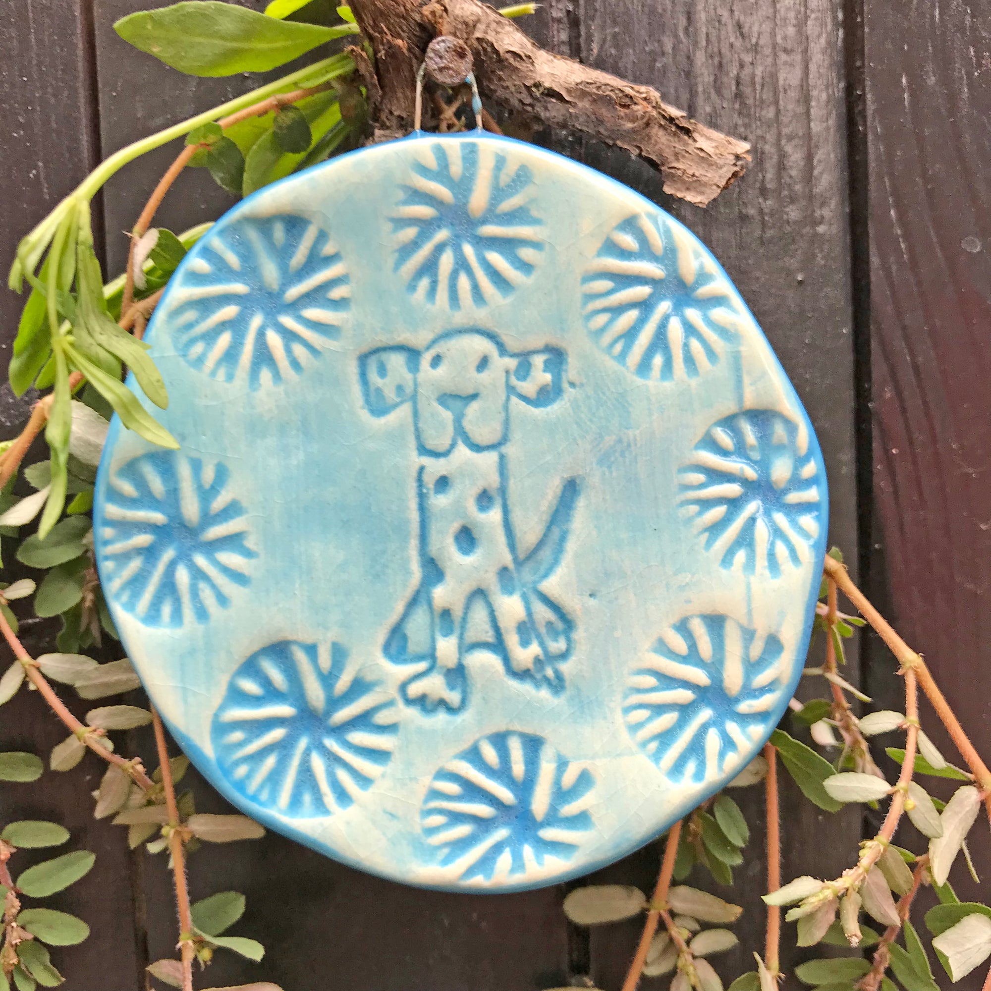 Dog Ornament glazed in marine blue glaze, a happy color often used for boat sails.  
