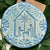 A traditional nativity scene handcrafted Christmas ornament glazed in a soft blue grey.  