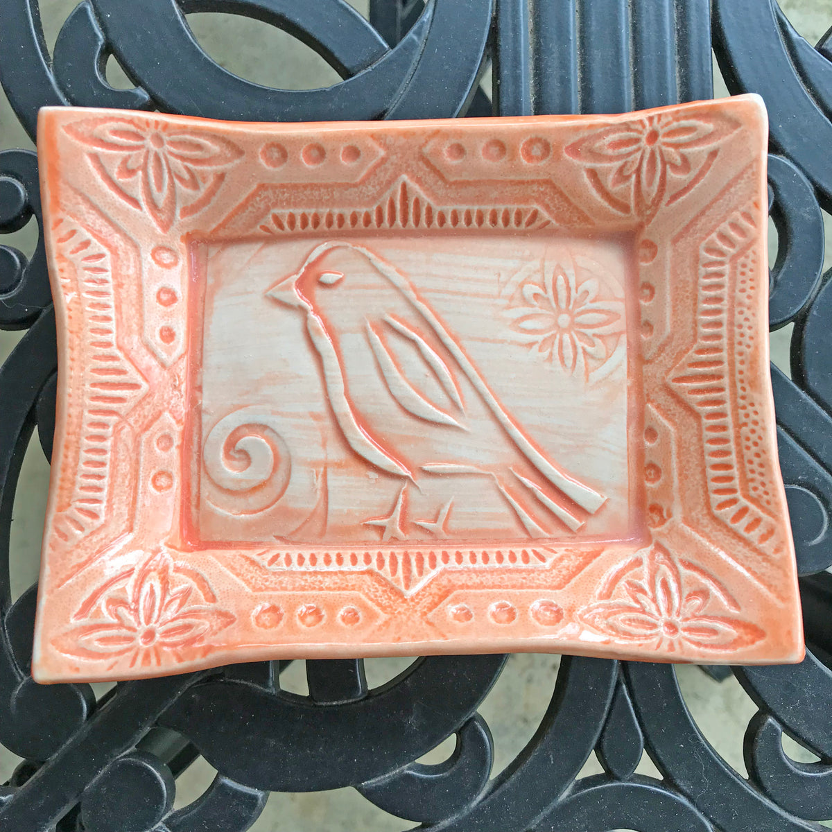 Tray With Bird Design.  Folk Art Style.  Glazed In Orange Color. 
