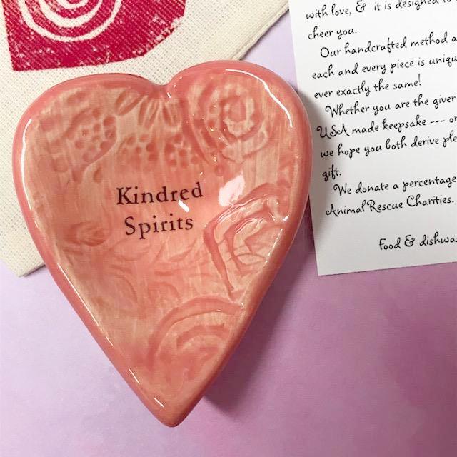 Giving Heart with phrase Kindred Spirits in Pink Ceramic Glaze