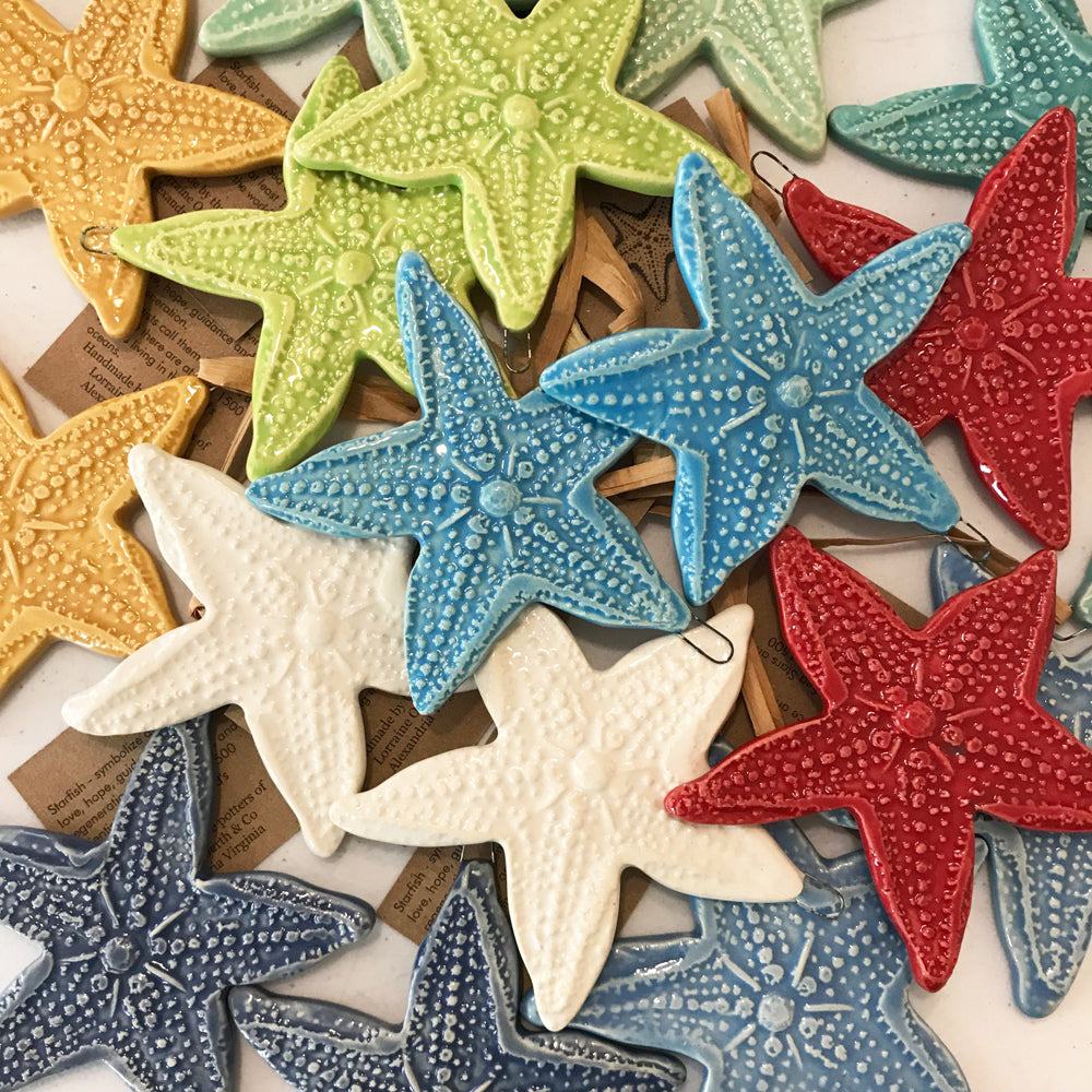 Starfish Ornaments created one at a time by the potters of Lorraine Oerth &amp; Company, Alexandria Virginia.   Available in several glaze colors. 
